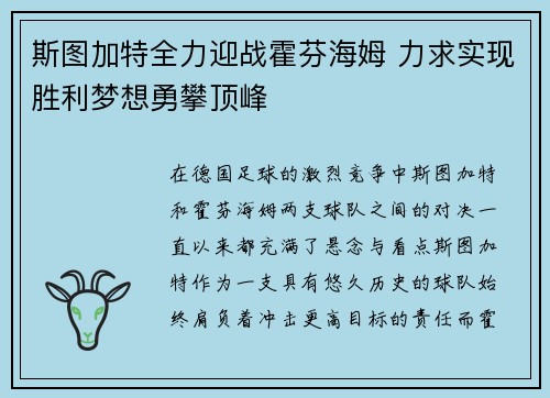 斯图加特全力迎战霍芬海姆 力求实现胜利梦想勇攀顶峰