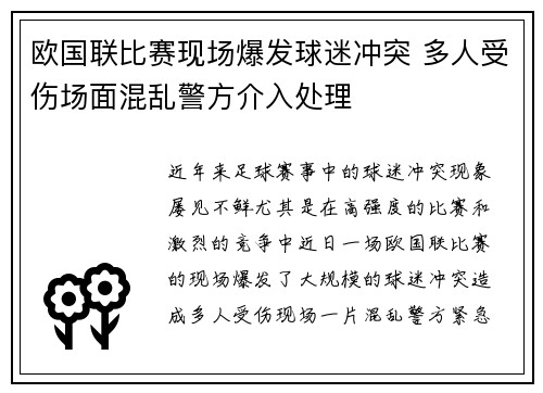欧国联比赛现场爆发球迷冲突 多人受伤场面混乱警方介入处理