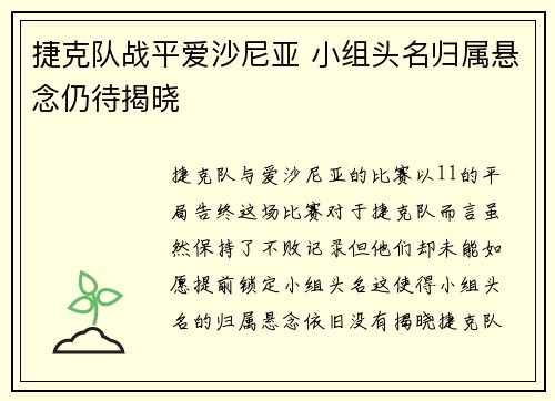 捷克队战平爱沙尼亚 小组头名归属悬念仍待揭晓